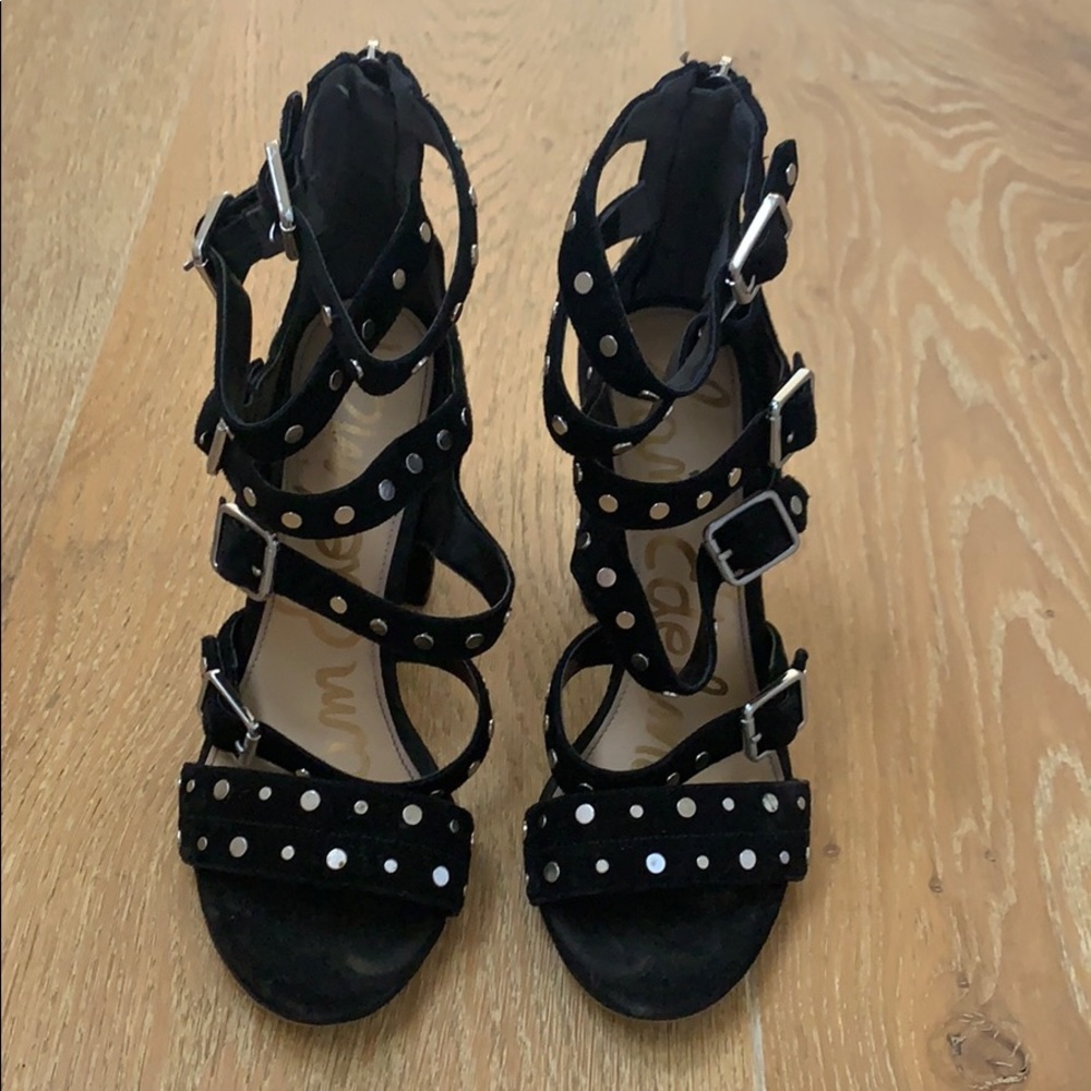 Black suede strappy heel with silver studs